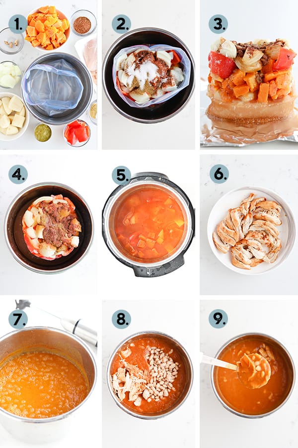 Step by step collage for how to make instant pot chicken enchilada soup