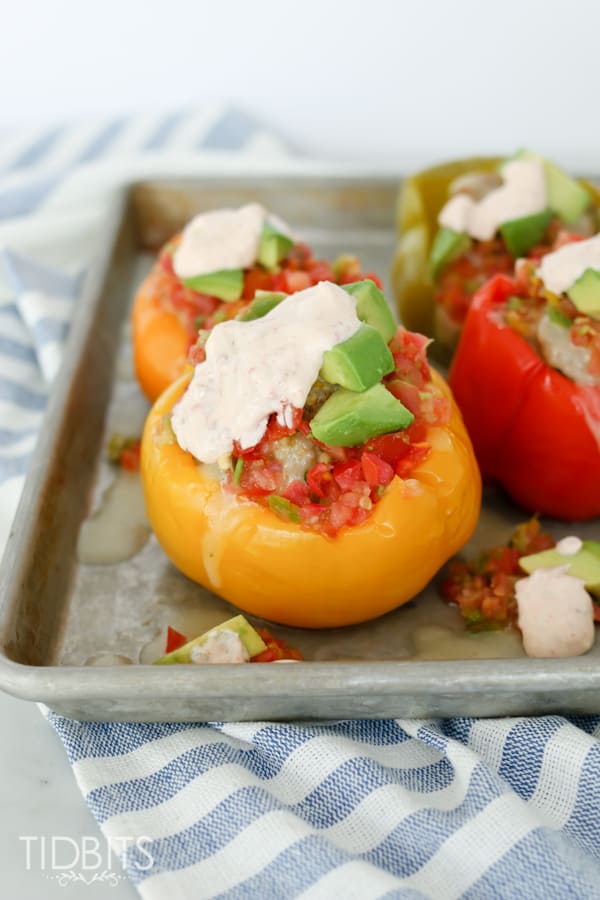 Pressure cooker stuffed peppers on a baking tray