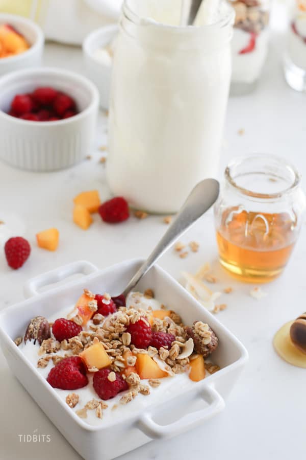 Instant Pot yogurt in a bowl with peaches, raspberries and granola