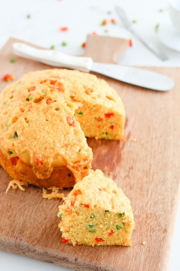 Pressure Cooker Jalapano Cheddar Cornbread is crispy, moist, and speckled with red and green