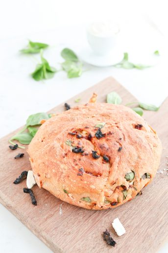 Instant Pot Sun-Dried Tomato, Feta, and Spinach No Knead Crusty Bread is warm, chewy, crusty perfection