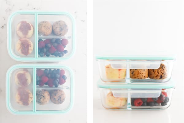 Sous vide eggs and blueberry oatmeal muffins stacked in lunch boxes