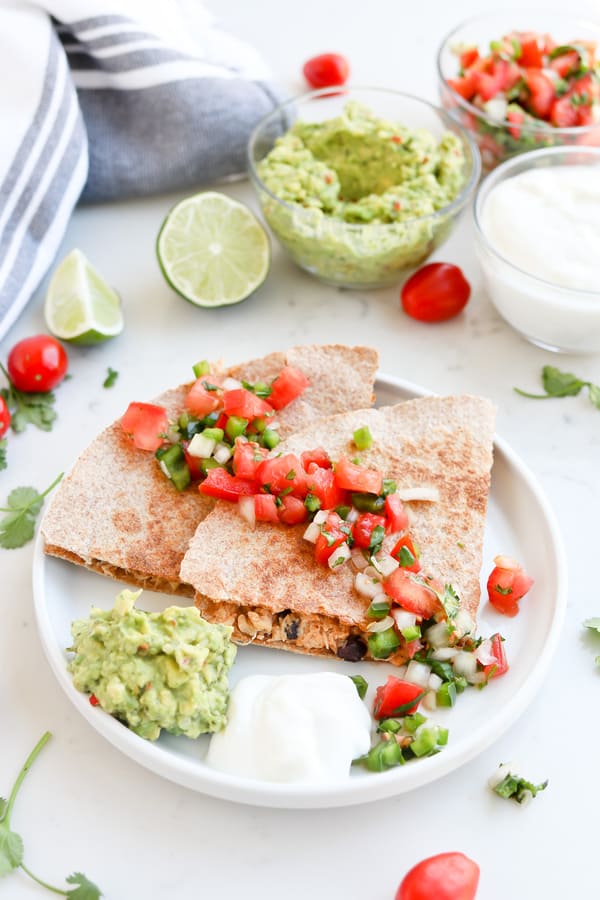 Instant Pot Mexican Inspired Healthy Crack Chicken on a quesadilla