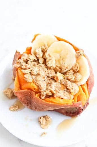 Instant Pot Sweet Potatoes with almond butter, bananas, and granola