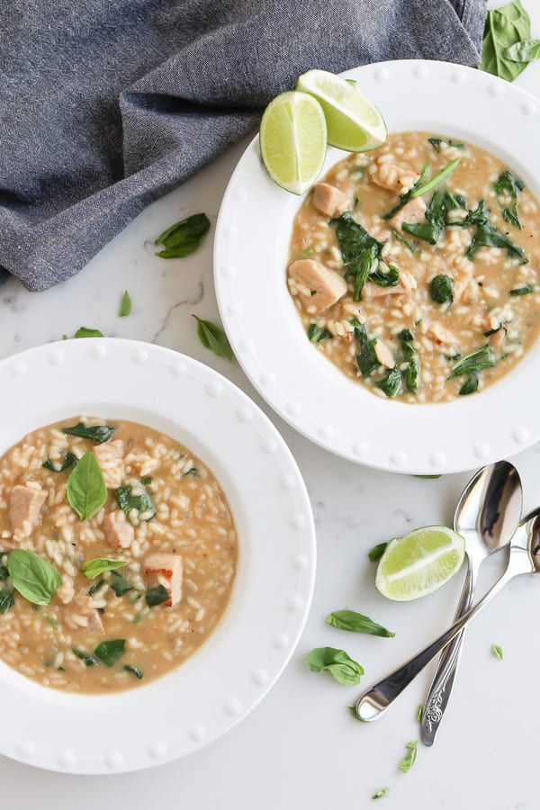 Instant Pot Thai Green Curry Pork and Lime Risotto in a white bowl