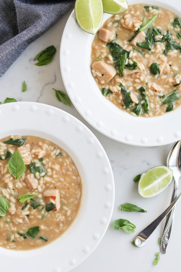 Instant Pot Thai Green Curry Pork and Lime Risotto in a white bowl