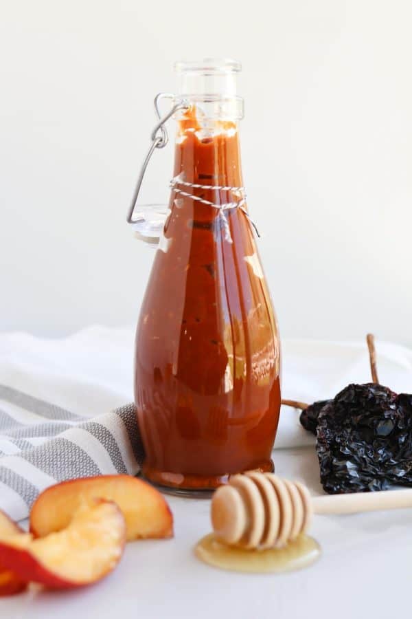 Instant Pot Peach Chipotle BBQ Sauce in a bottle