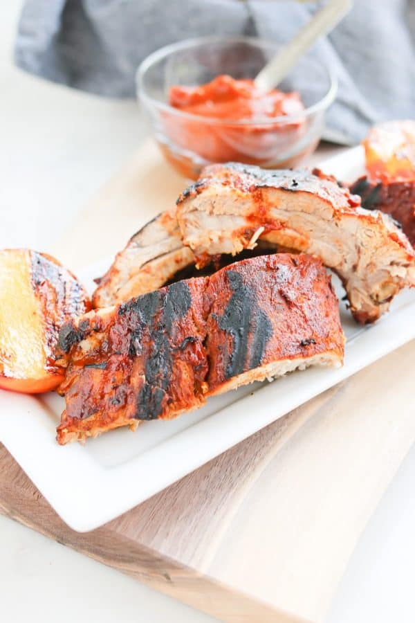 Instant Pot Chipotle Peach BBQ Ribs on a plate