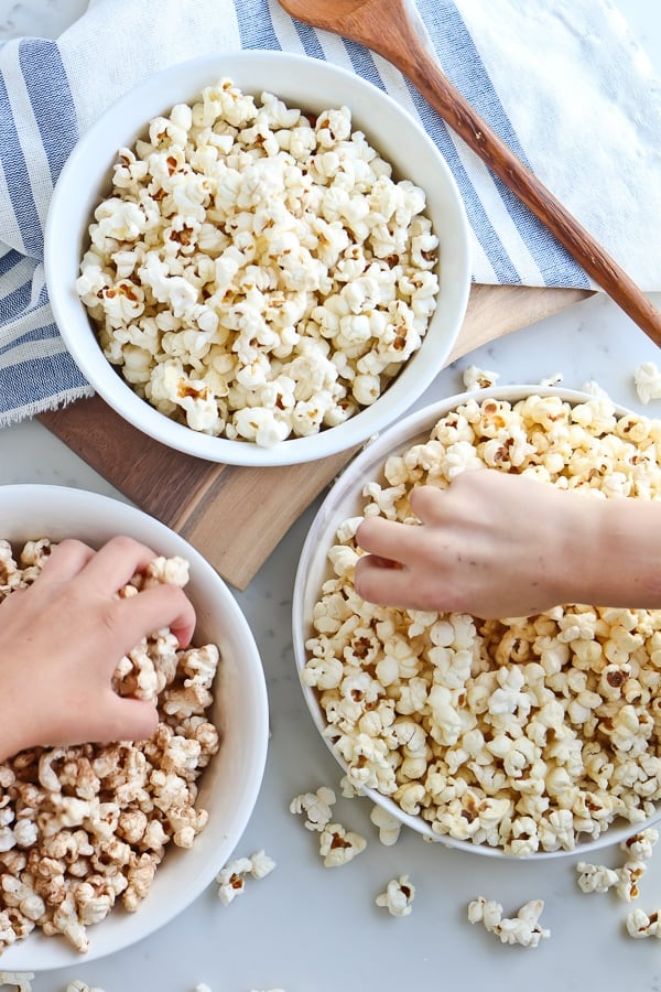 Instant Pot Popcorn in 3 white bowls