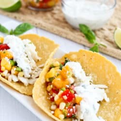 Instant Pot Easy Coconut Lime Fish Tacos with Peach Salsa and Basil Crema
