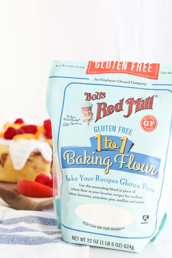 Gluten Free baking flour with raspberry peach breakfast cake