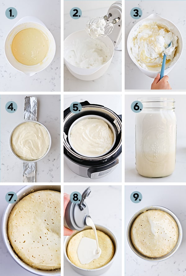 step by step collage of peaches and cream tres leches cake