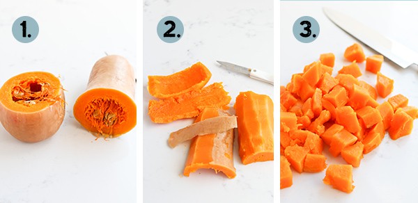 collage of how to peel and cut a butternut squash