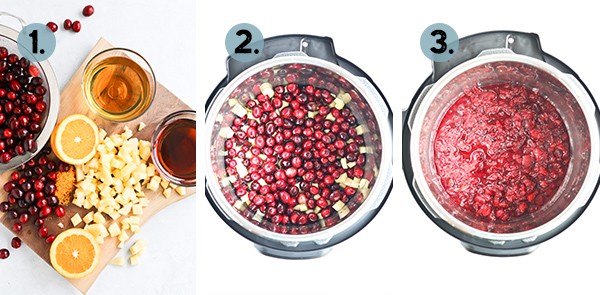 step by step collage of how to make cranberry sauce in a pot