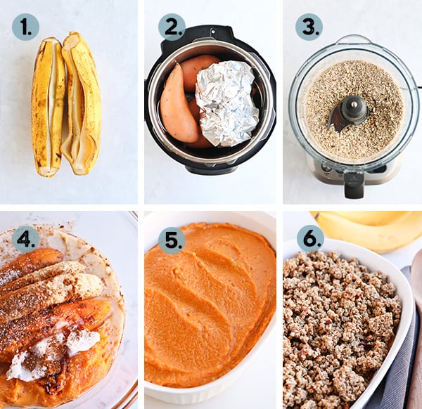 Step by step collage of how to make sweet potato casserole