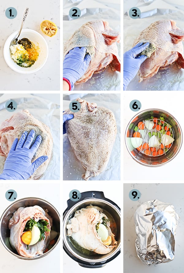 step by step collage of how to cook turkey breast