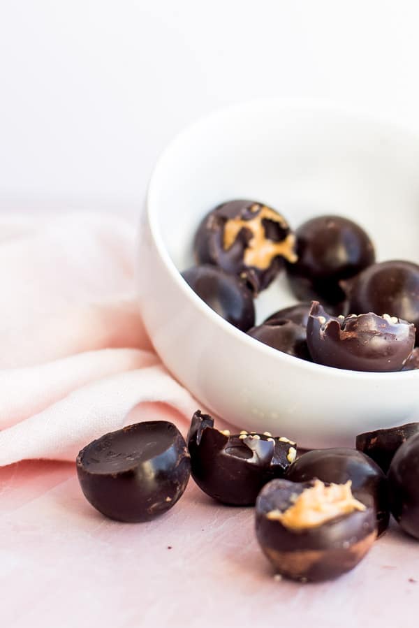 Dark chocolates in a white bowl