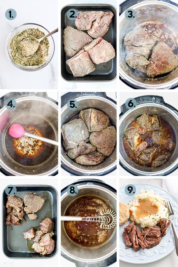 step by step collage of how to make a pot roast in an instant pot pressure cooker