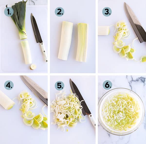 Collage of how to cut leeks with a knife