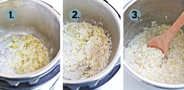 step by step collage of how to make risotto in the instant pot