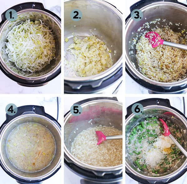 step by step collage of how to make Instant Pot Lemon Risotto with Asparagus and Peas