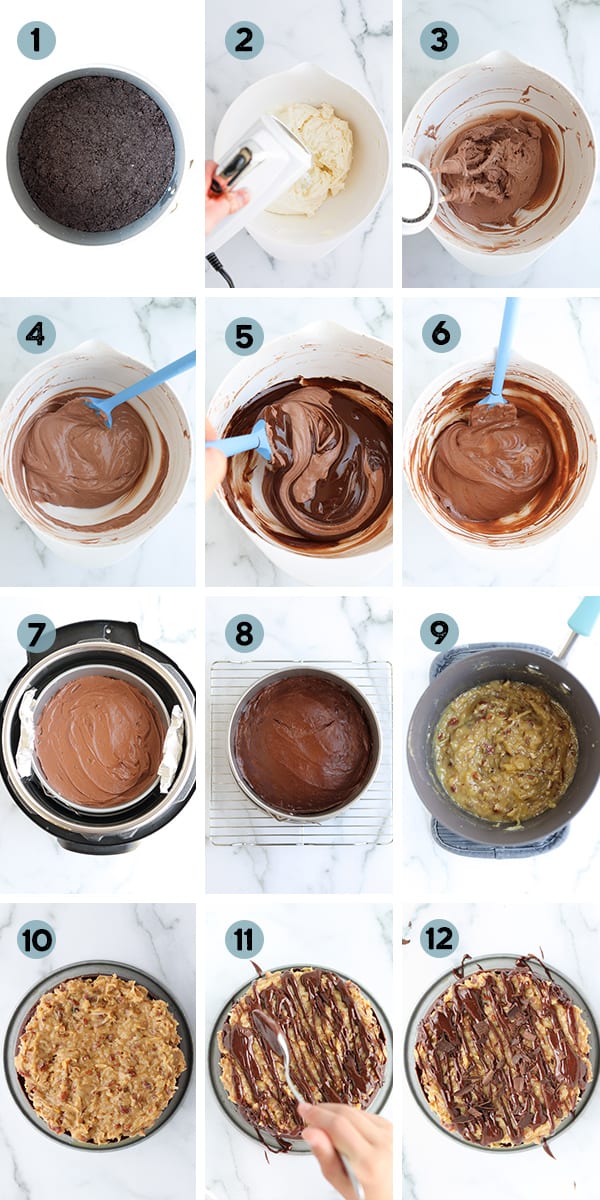 step by step collage of how to make Instant Pot German Chocolate Cheesecake