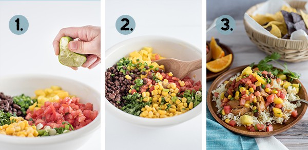 Step by step collage of how to make mango black bean salsa