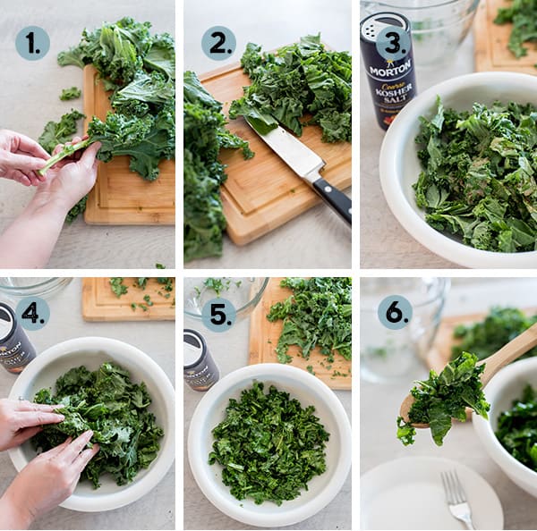 step by step collage of how to massage kale