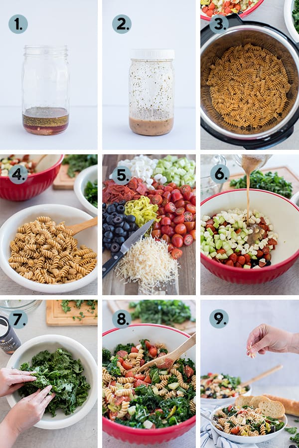 step by step collage of how to make classic pasta salad