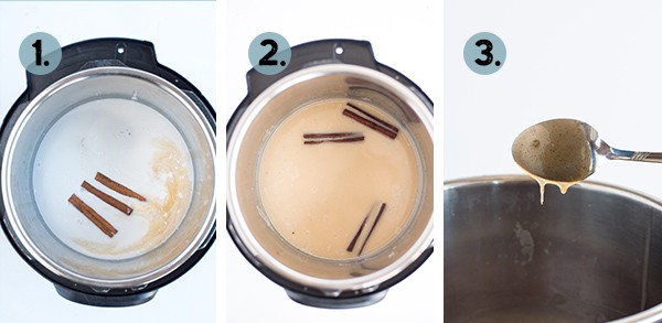 Step by step collage of how to make cinnamon syrup in the Instant Pot