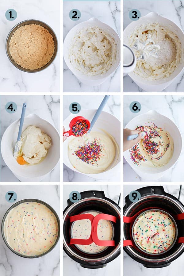 step by step collage of how to make funfetti cheesecake in the Instant Pot