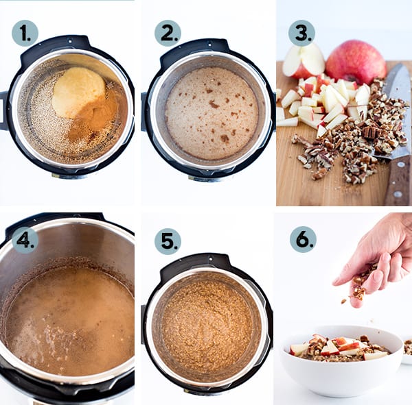 step by step collage of making apple steel cut oats in the instant pot pressure cooker
