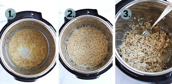 step by step collage of how to make Instant Pot Brown Rice