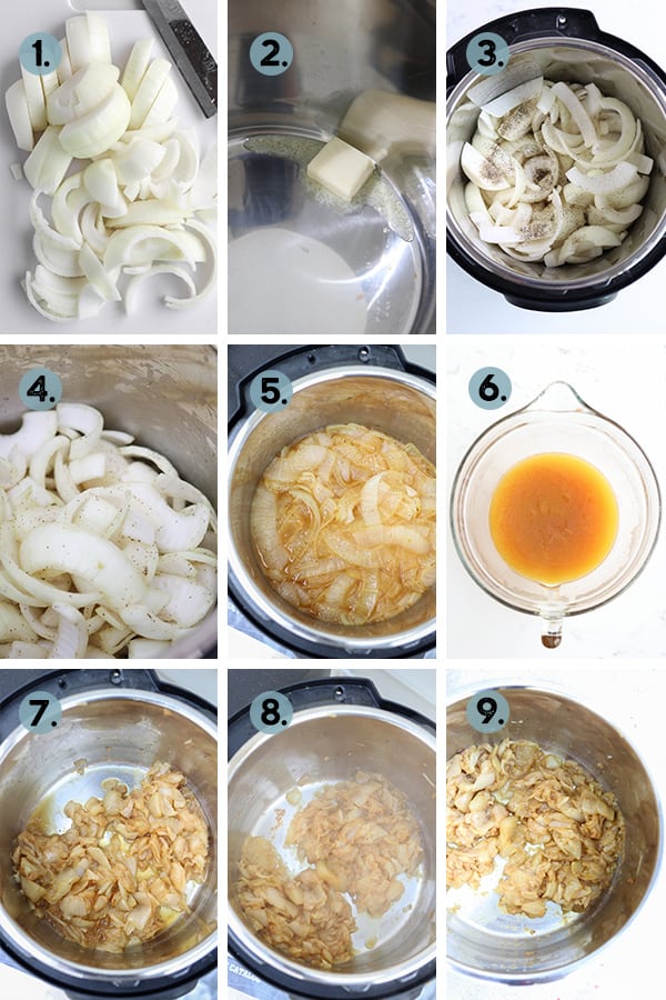 Step by step collage of how to make Instant Pot Caramelized Onions