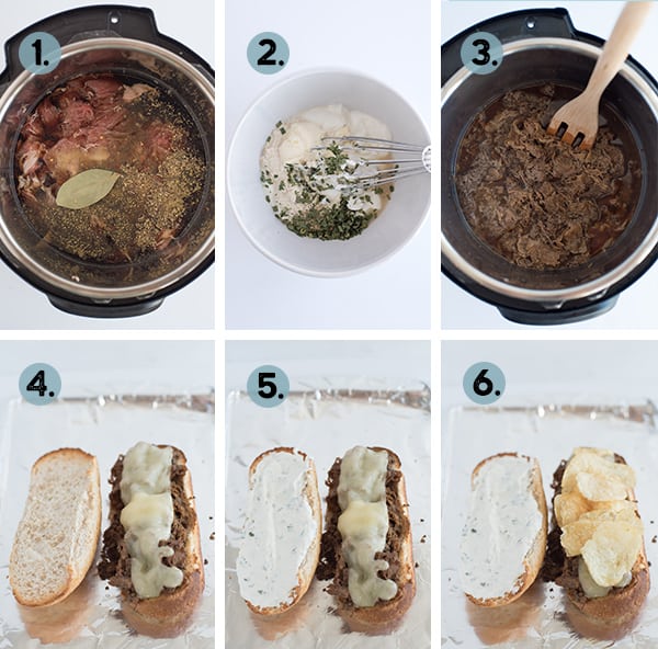 Step by step collage of how to make Instant Pot French Dip