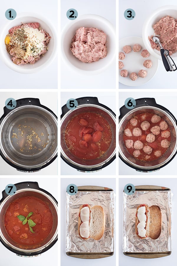 Step by step collage of how to make an Instant Pot Meatball Sandwich