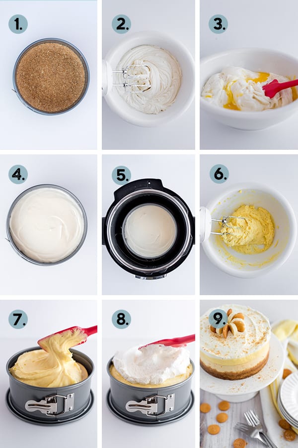 step by step collage of how to make cheesecake in instant pot