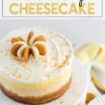 Banana cream pie cheesecake on a white plate with yellow napkins