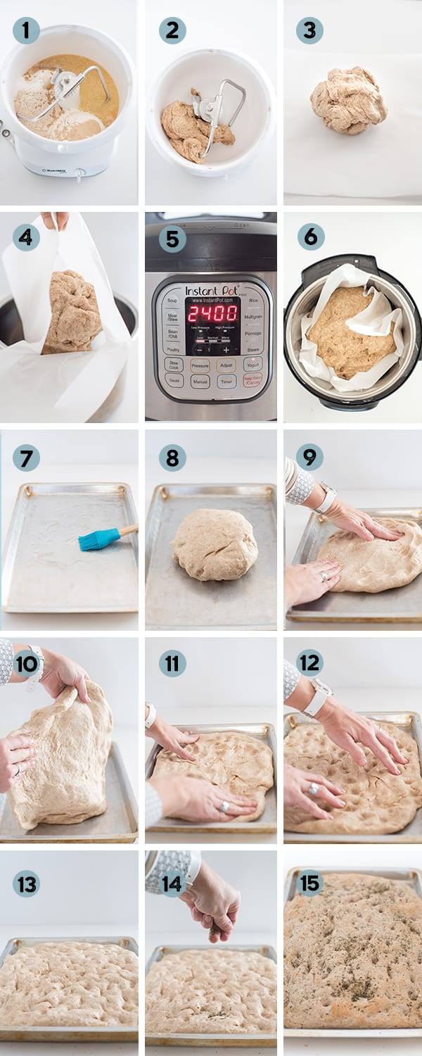 step by step collage of how to make whole wheat focaccia bread
