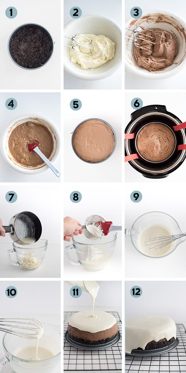 step by step collage of how to make Instant Pot Hot Chocolate Cheesecake