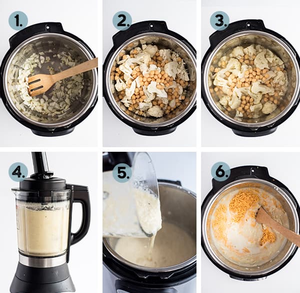 step by step collage of how to make instant pot cauliflower soup