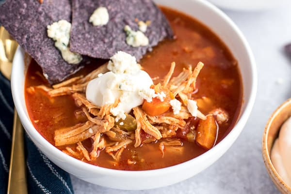 buffalo chicken soup with sour cream and blue cheese nachos