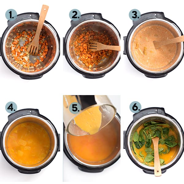step by step collage of how to make curry butternut squash soup in the instant pot