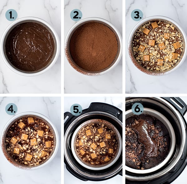 step by step collage of how to make instant pot brownie pudding