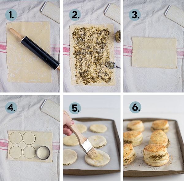 step by step collage of how to make pesto puffy pastry rounds