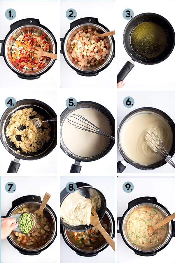 step by step collage of how to make Instant Pot Chicken Pot Pie