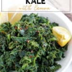 kale with lemon in a white bowl