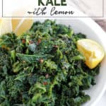 kale with lemon in a white bowl