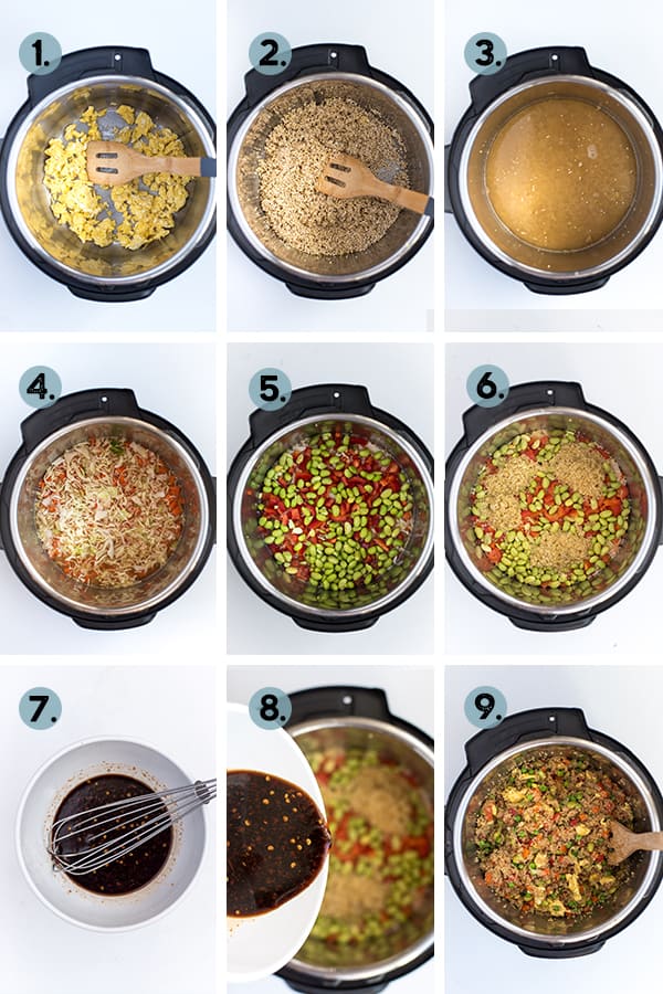 step by step collage of how to make quinoa fried rice in the Instant Pot