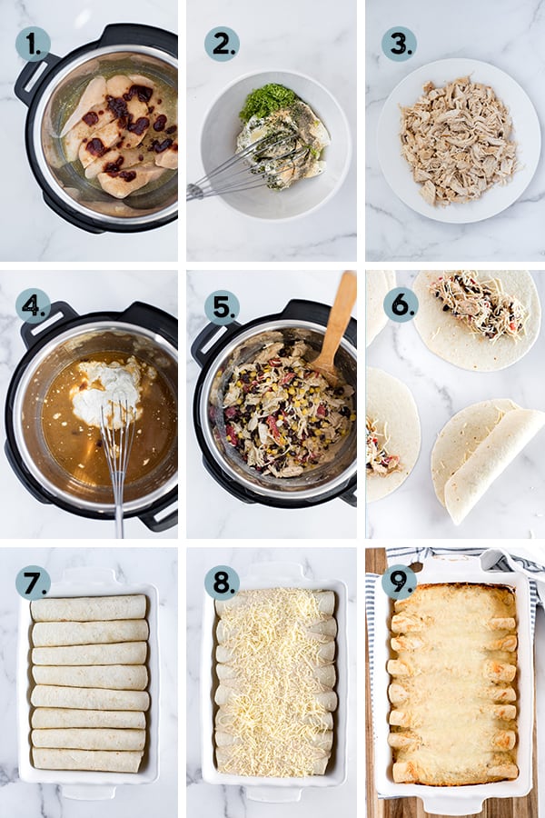 step by step collage of how to make chicken enchiladas